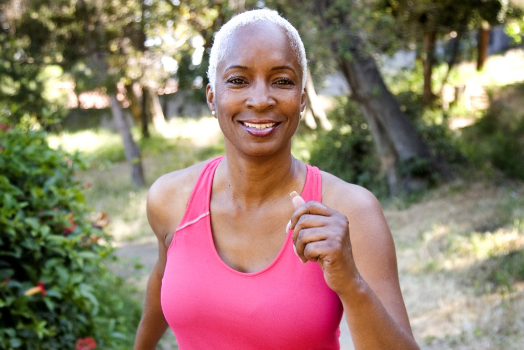 woman on energetic walk outdoors