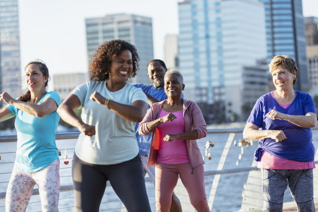 group of older adults in a dance exercise class for a story on weight and brain health